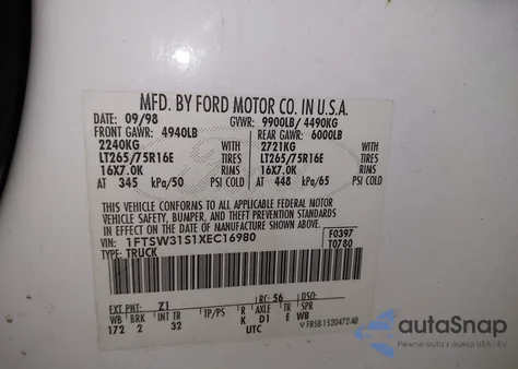 1999 Ford F-350 Lariat/Xl/Xlt from USA, damaged, VIN 1FTSW31S1XEC16980